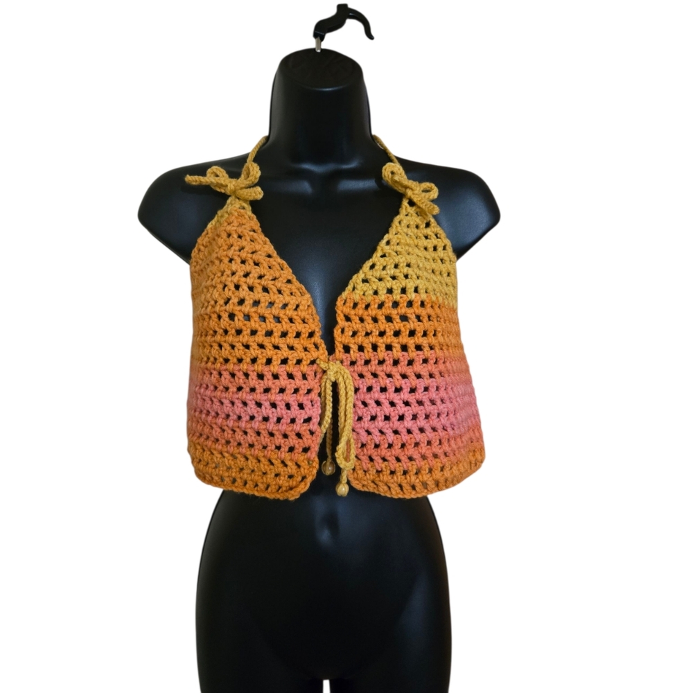 Orange and Pink Crochet Mesh Top, HandmadebyMe, MD/LR, Versitile